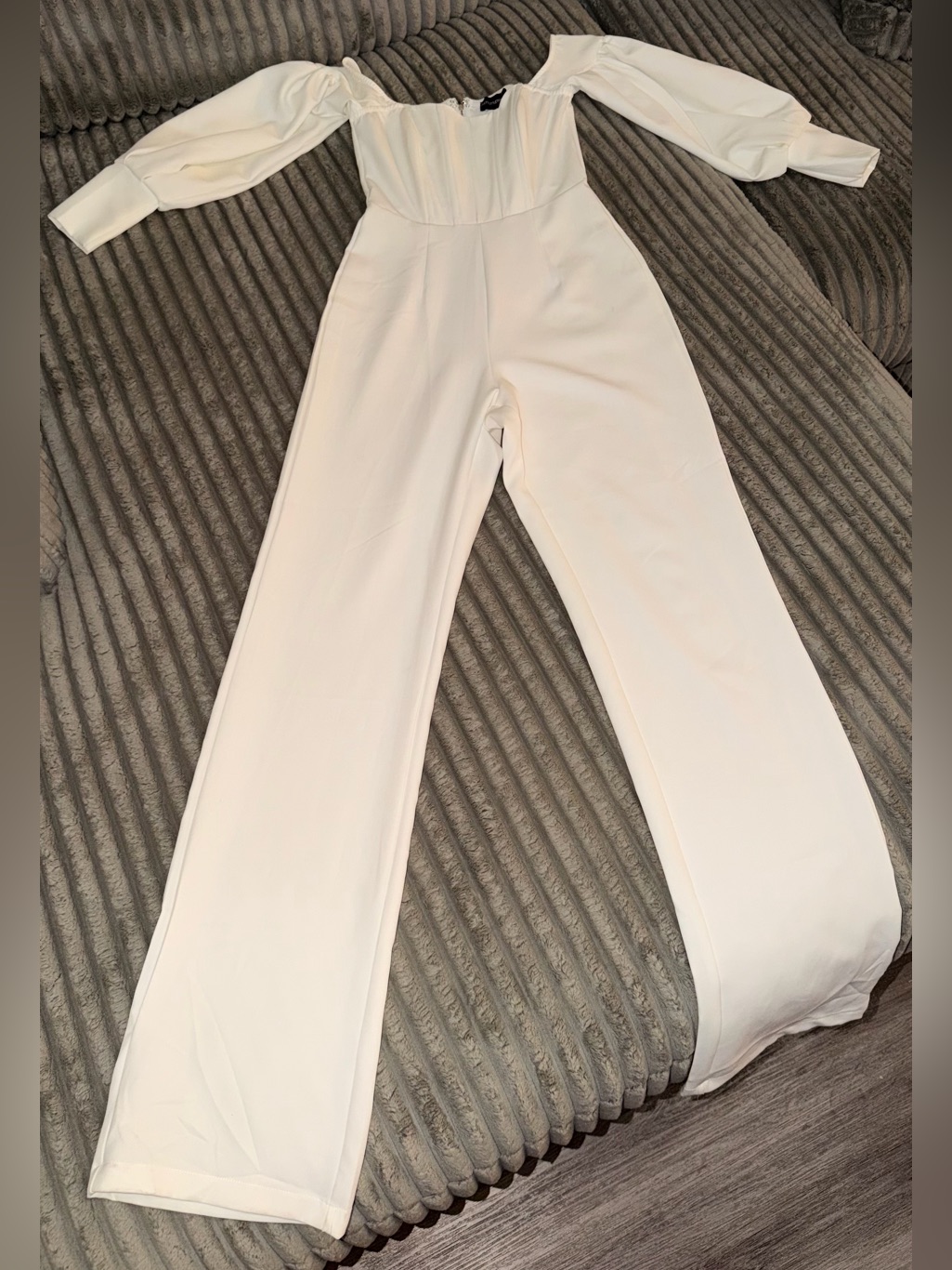 Prettylittlething Cream Bardot Wide-Leg Jumpsuit With Puff Sleeves